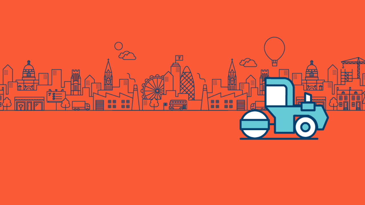Illustration of a blue tractor, imposed on a blue city scape