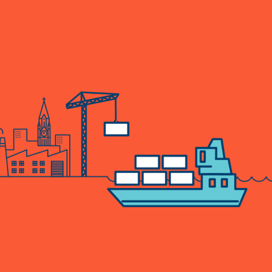 Illustration of a blue haulage ship and crane, imposed on a blue city scape