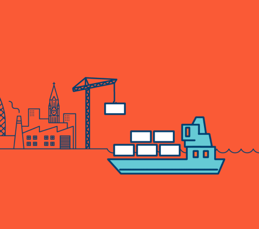 Illustration of a blue haulage ship and crane, imposed on a blue city scape