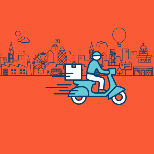 Illustration of a delivery scooter, imposed on a blue city scape