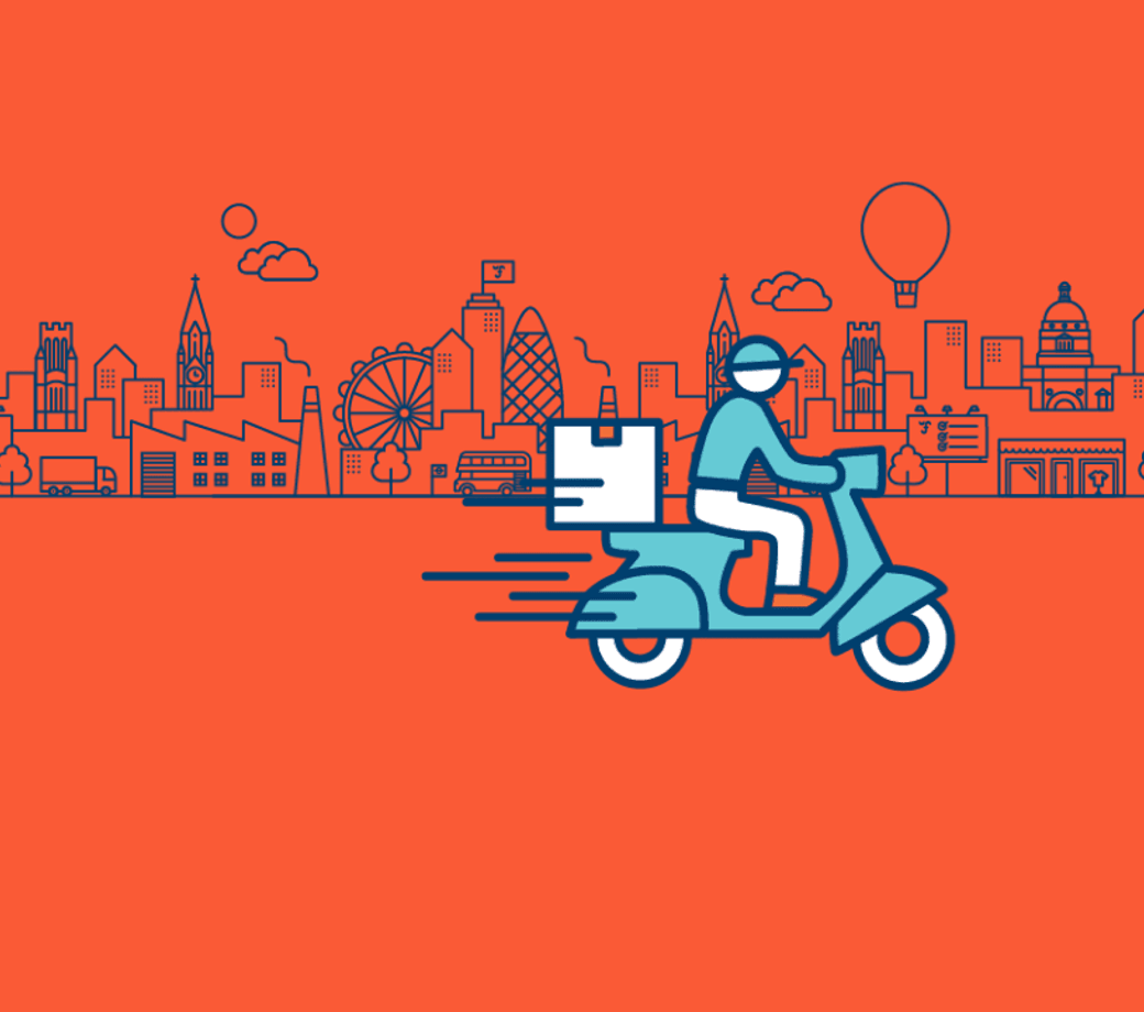 Illustration of a delivery scooter, imposed on a blue city scape