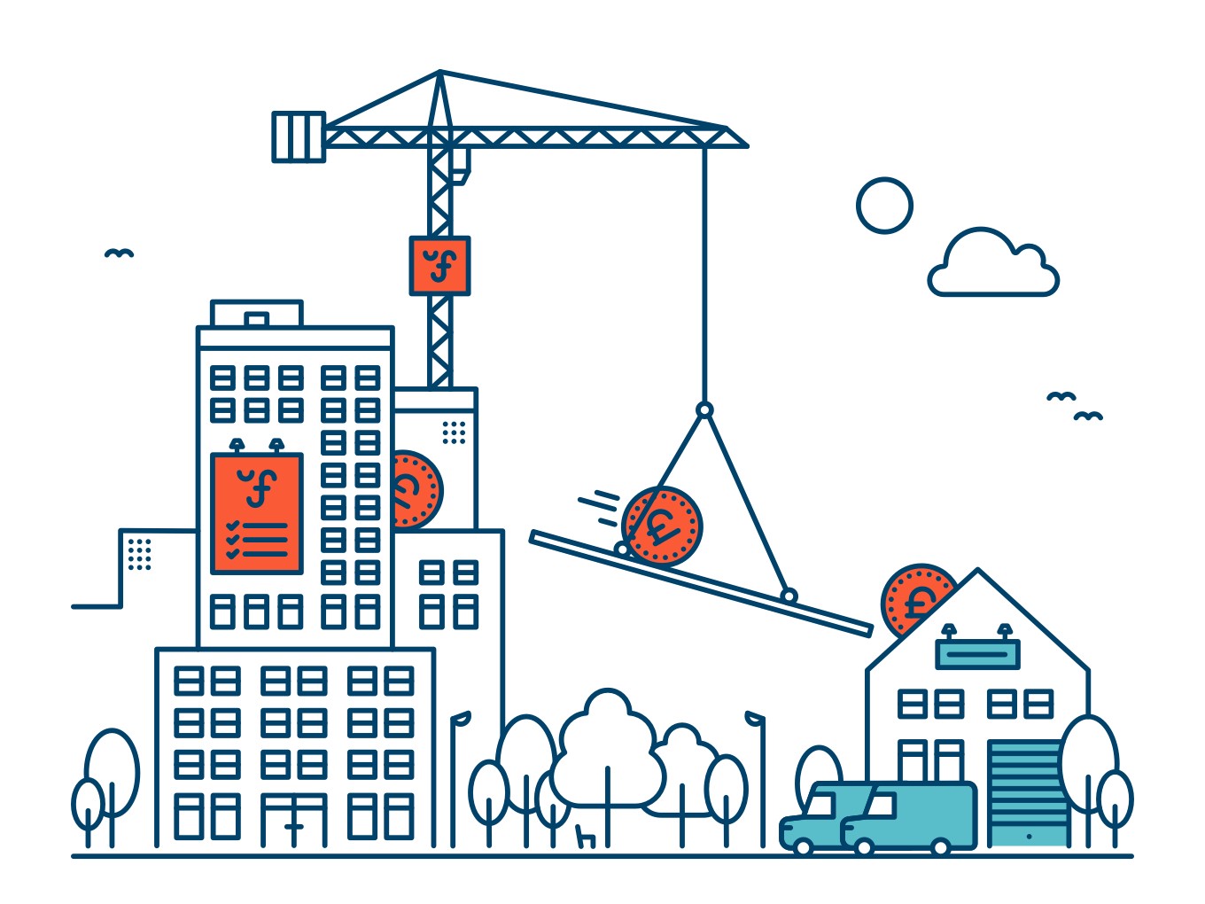 Blue illustration of a crane transferring orange coins from between a high rise office building to a warehouse
