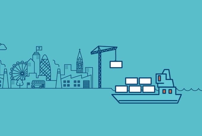 Illustration of a blue haulage ship and crane, imposed on a blue city scape