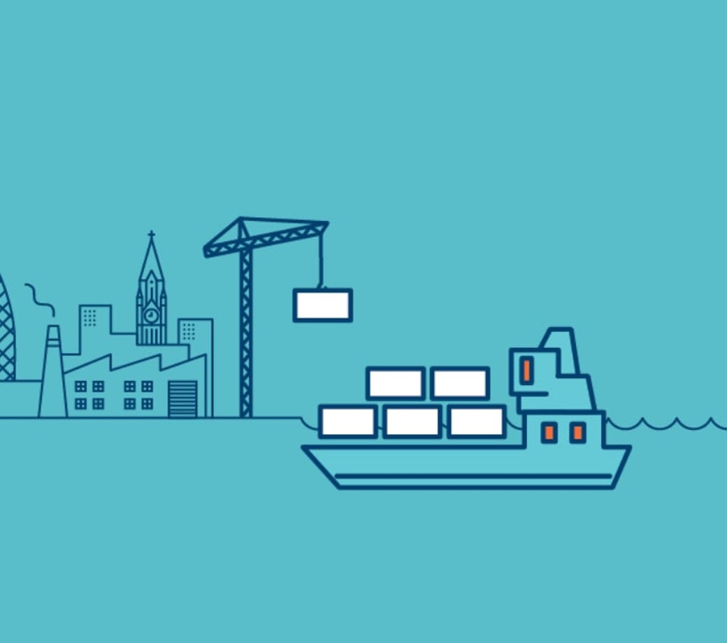 Illustration of a blue haulage ship and crane, imposed on a blue city scape