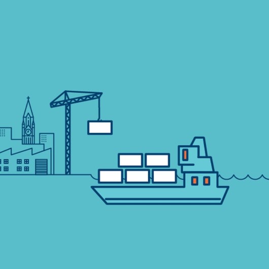 Illustration of a blue haulage ship and crane, imposed on a blue city scape