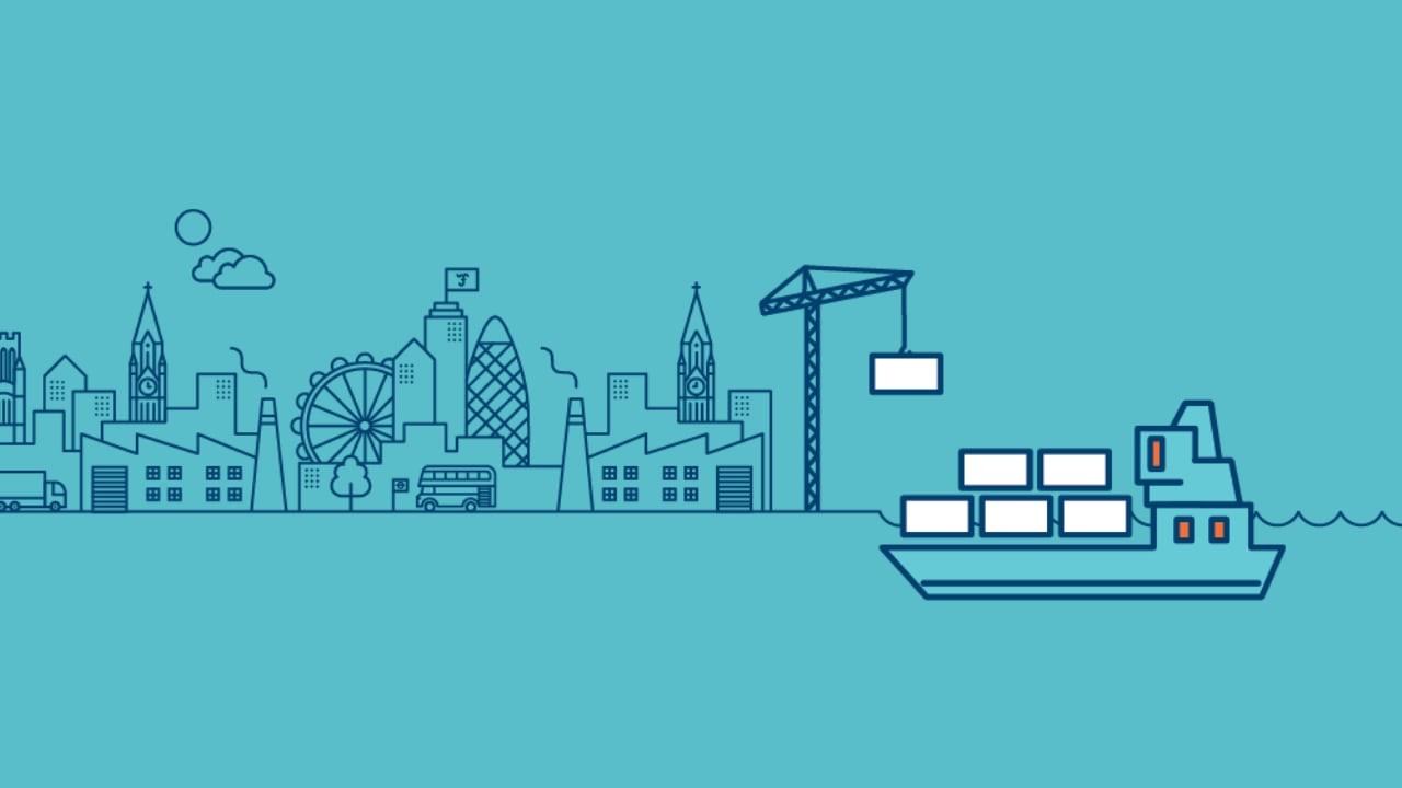 Illustration of a blue haulage ship and crane, imposed on a blue city scape