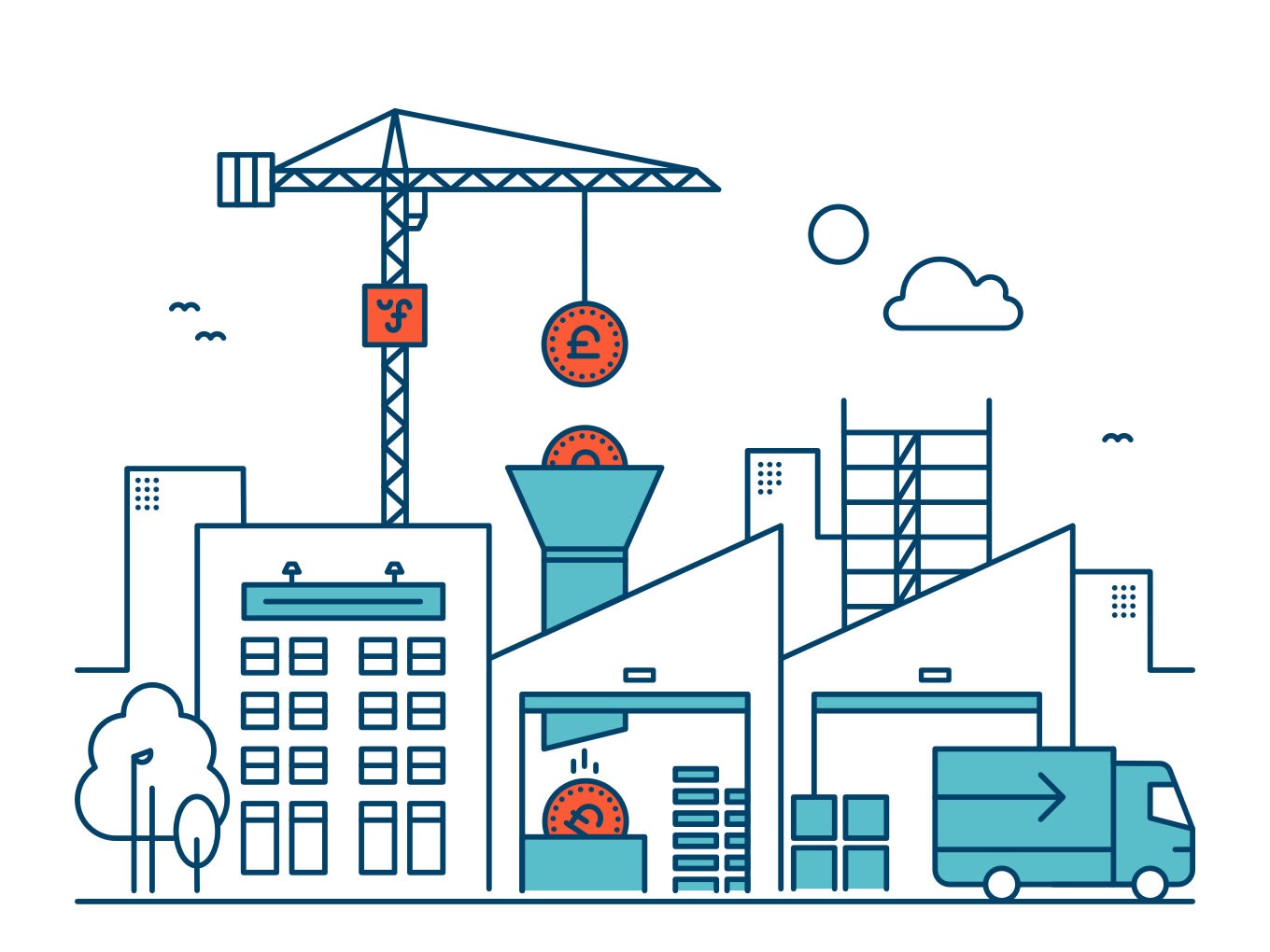 blue illustration of a crane dropping orange coins into a warehouse, ready to be loaded into a blue truck