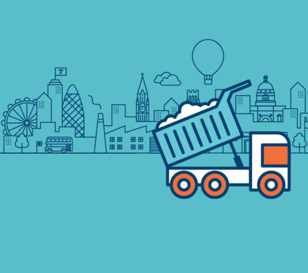 Illustration of a blue tipping lorry, imposed on a blue city scape