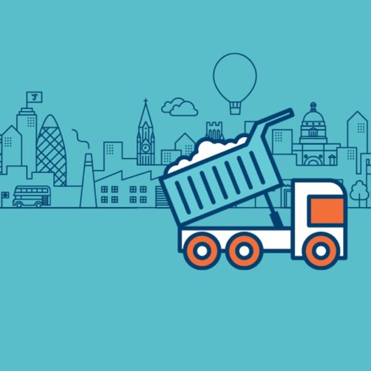 Illustration of a blue tipping lorry, imposed on a blue city scape