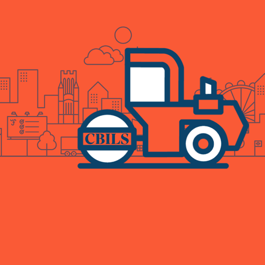 Orange steam roller with cityscape background