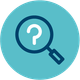 Question mark within a magnifying glass light blue icon
