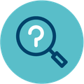 Question mark within a magnifying glass light blue icon