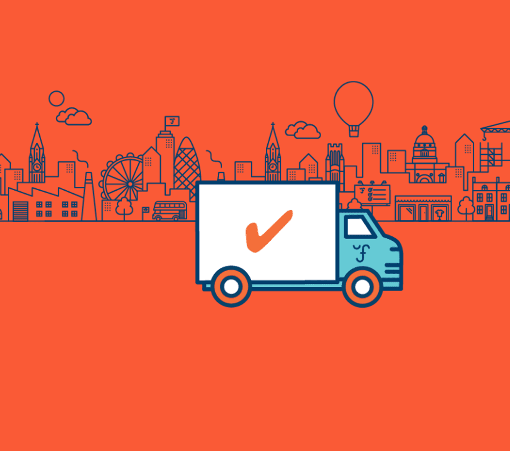 Illustration of a haulage truck with a warm red tick on its side, imposed on a blue city scape