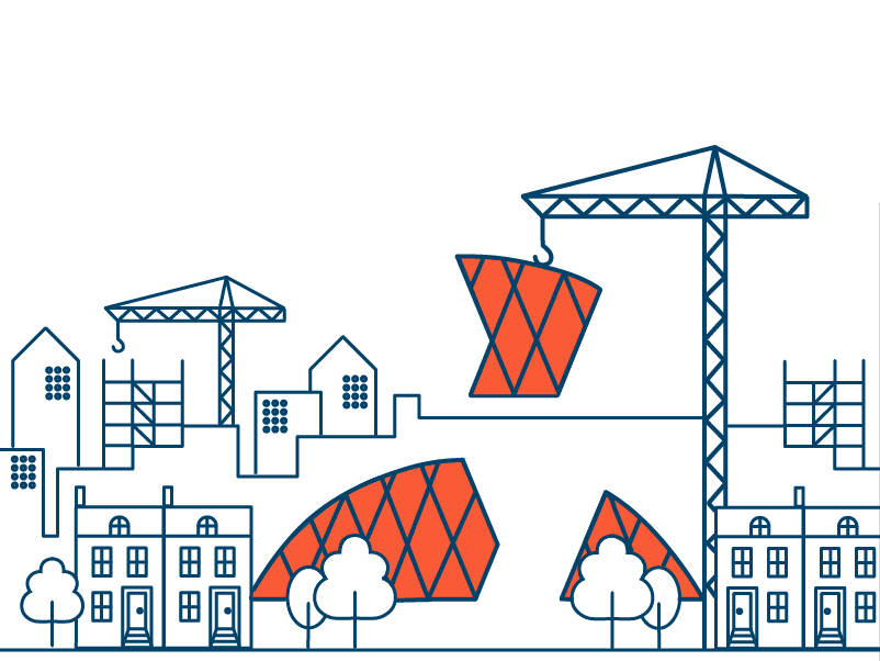 Illustration of a bridge being assembled using cranes to carry the sections