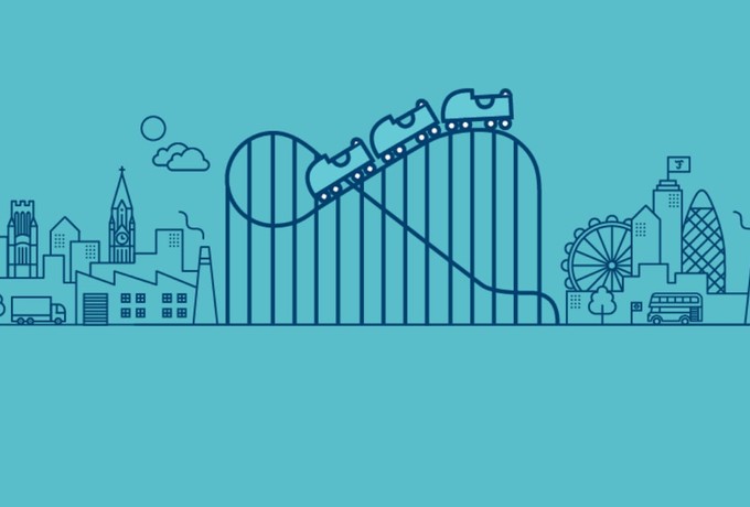 Illustration of a blue rollercoaster, imposed on a blue city scape