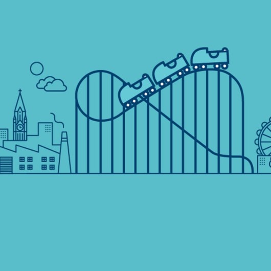 Illustration of a blue rollercoaster, imposed on a blue city scape