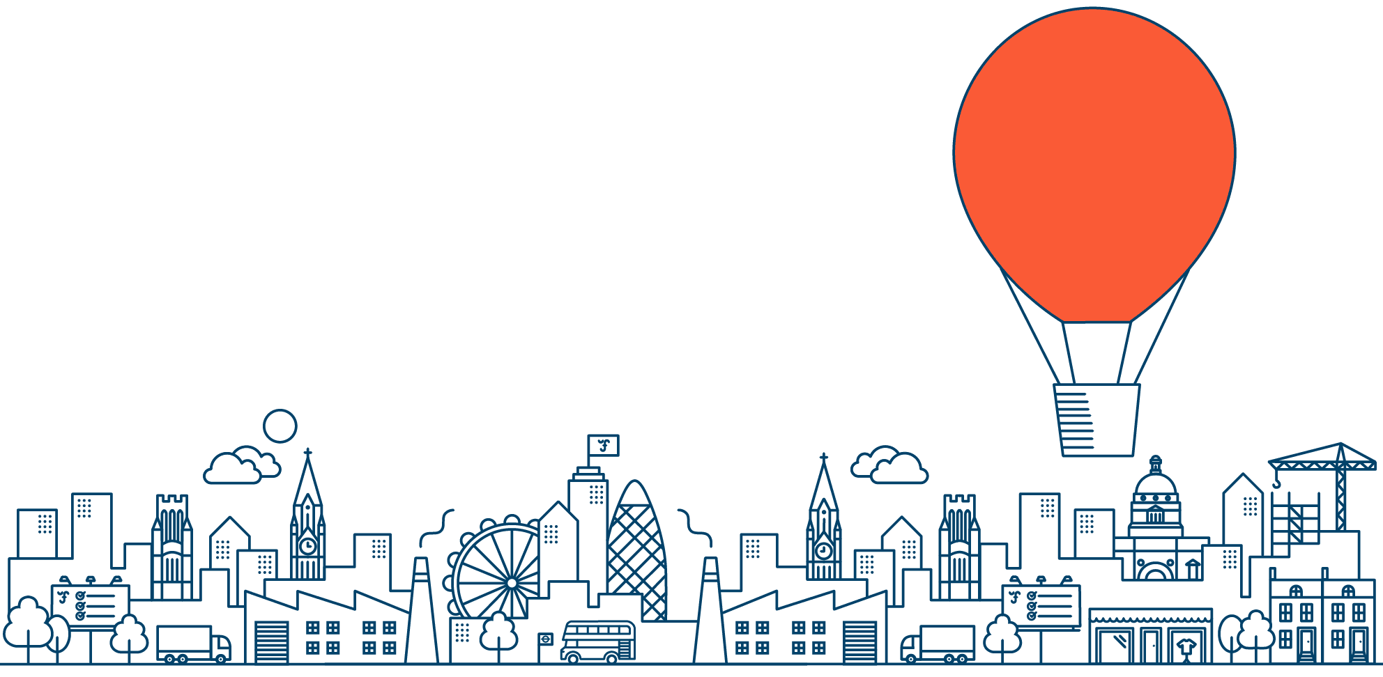 Ultimate Finance cityscape illustration with orange hot air balloon flying