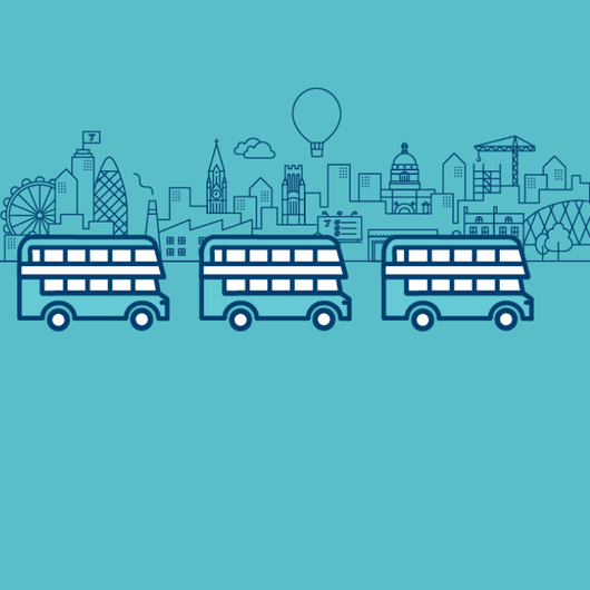 Three blue busses in with an light blue cityscape background