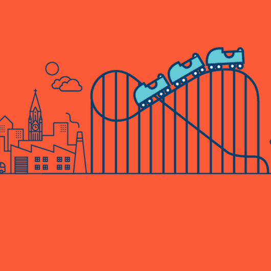 Illustration of a blue rollercoaster, imposed on a blue city scape