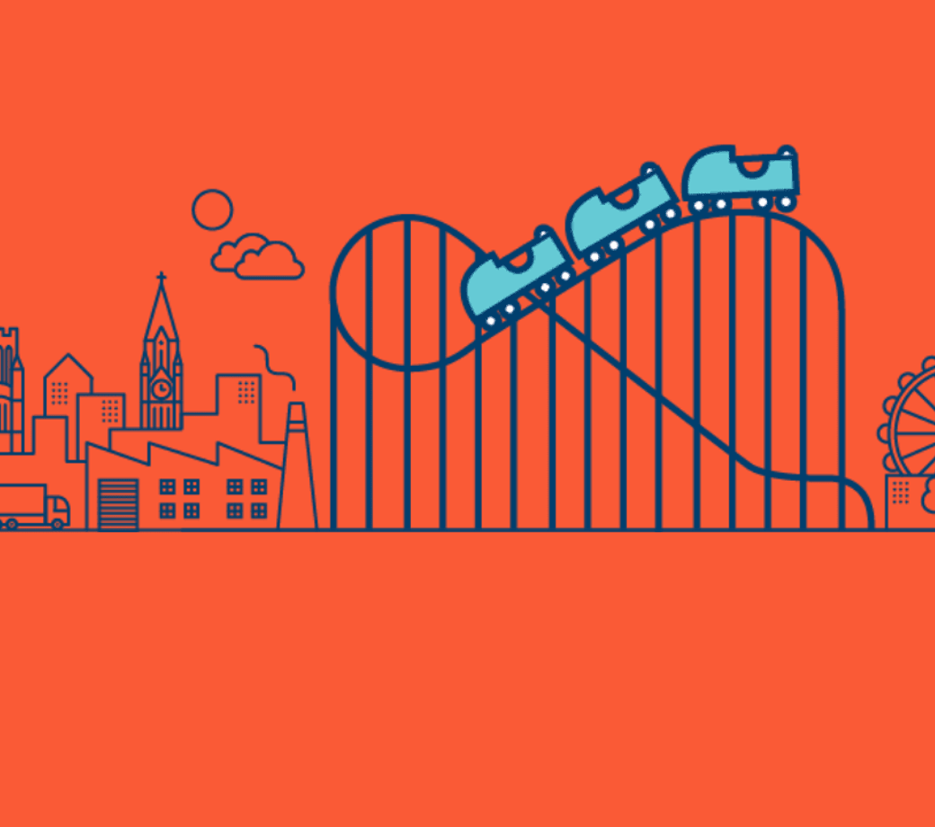 Illustration of a blue rollercoaster, imposed on a blue city scape