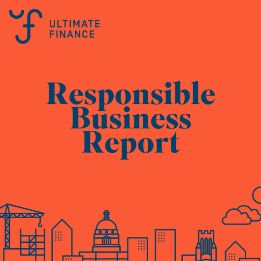 Cover of Ultimate Finance's Responsible Business Report with a blue illustration of a cityscape on a warm red background