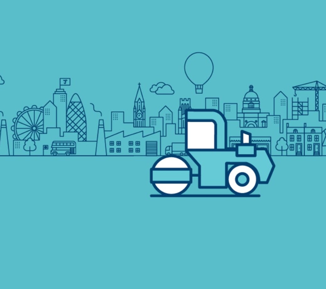 Illustration of a blue tractor, imposed on a blue city scape