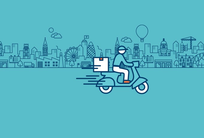 Illustration of a delivery scooter, imposed on a blue city scape