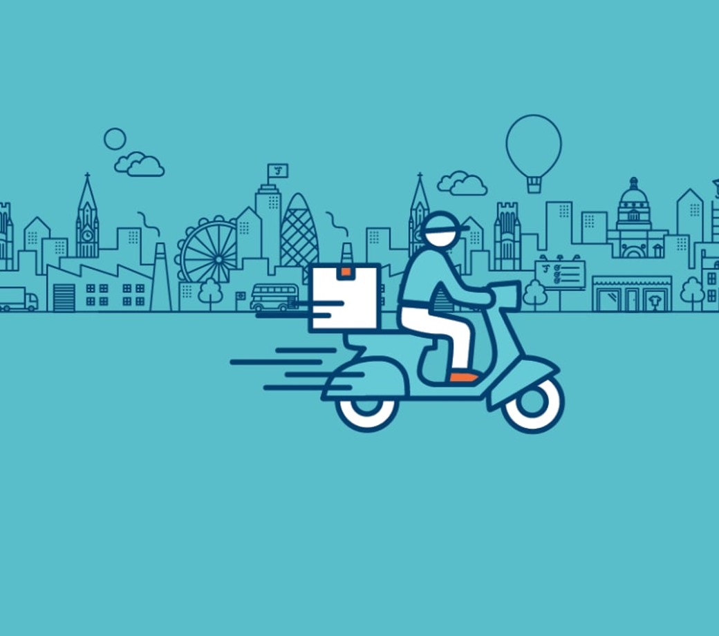 Illustration of a delivery scooter, imposed on a blue city scape