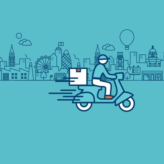 Illustration of a delivery scooter, imposed on a blue city scape