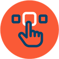 Blue hand pressing a white key on an orange circle