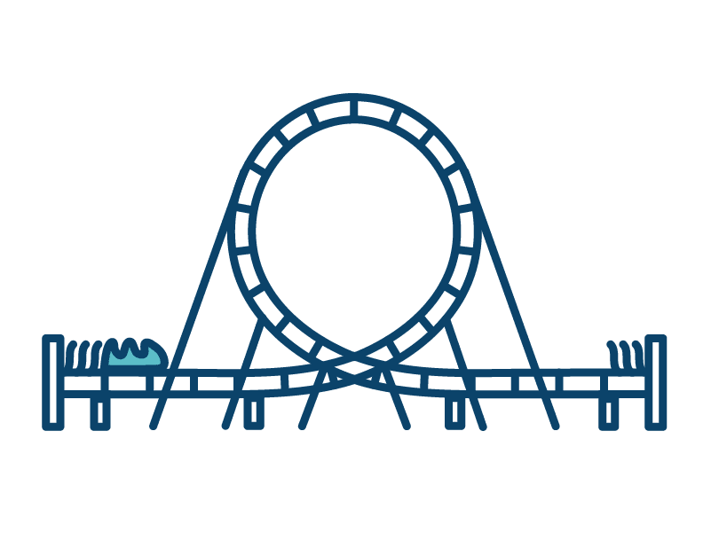 Illustration of a roller coaster with the tracks in blue and the cart in light blue colour