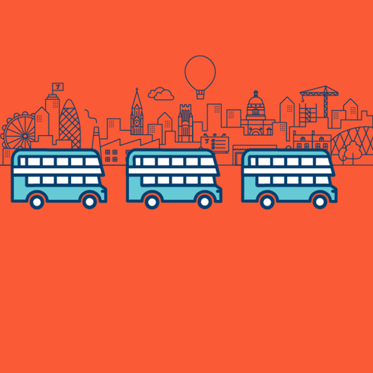 Three blue busses in with an orange cityscape background