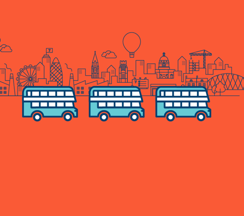 Three blue busses in with an orange cityscape background
