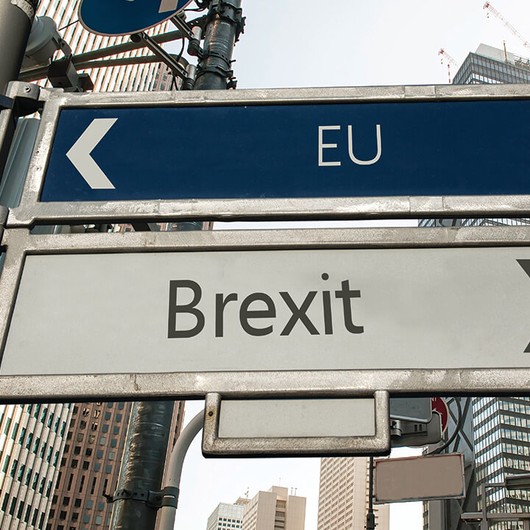 City streets with direction signs showing EU to the left and Brexit to the right