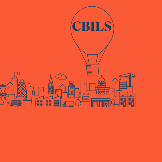 Orange CBILS hot air ballon flying over Ultimate Finance orange skyline