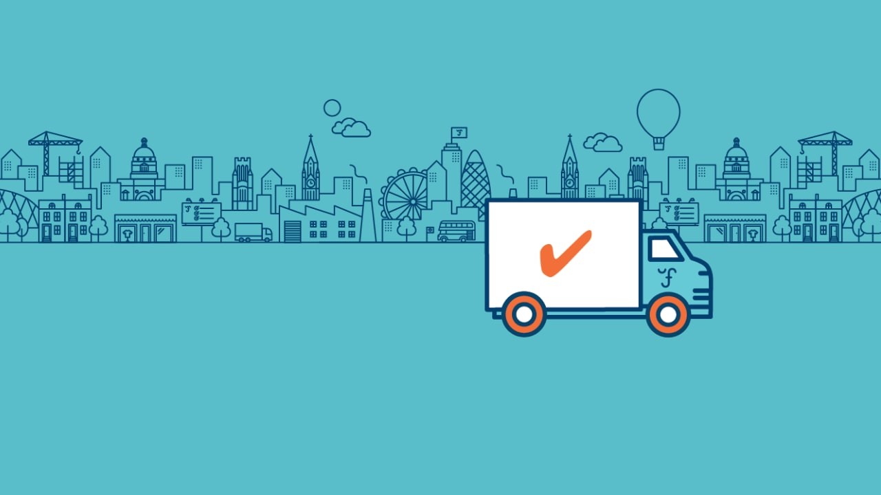 Illustration of a haulage truck with a warm red tick on its side, imposed on a blue city scape