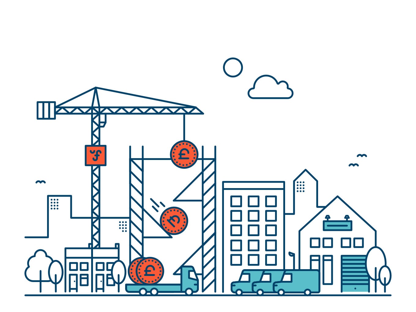 Blue illustration of a crane dropping orange coins in a building which are loaded on a truck headed to a warehouse