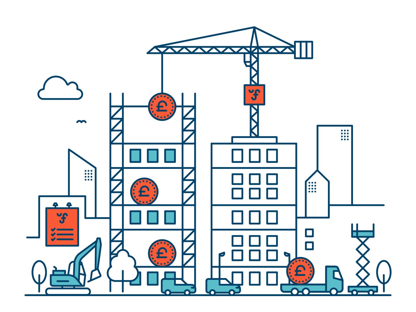 Blue illustration of a crane on a construction site raising a new building with orange coins on three levels